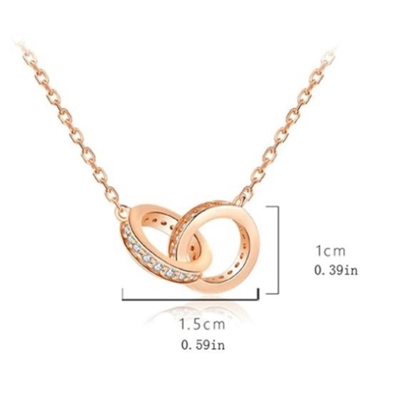 NWOT 925 Sterling Silver Double Circle CZ Necklace 8” Rose Gold Interlocking - Picture 11 of 14